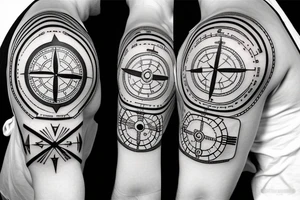 stopwatch, full sleeve, geometric background, cross, and compass tattoo idea