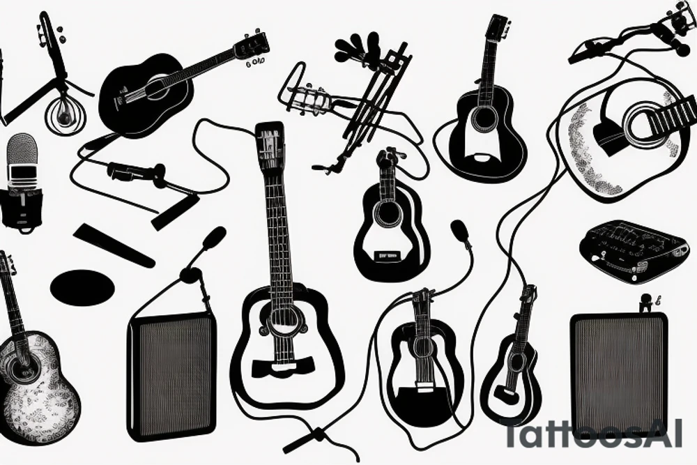 an acoustic guitar with a microphone and its wire wrapped around it tattoo idea
