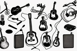an acoustic guitar with a microphone and its wire wrapped around it tattoo idea