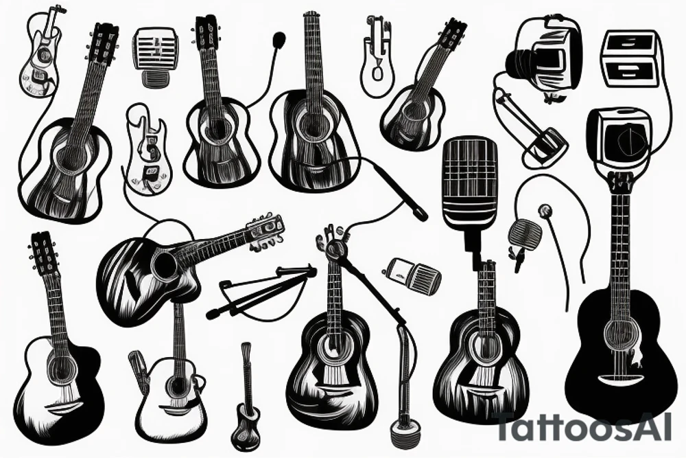 an acoustic guitar with a microphone and its wire wrapped around it tattoo idea an acoustic guitar with a microphone and its wire wrapped around it tattoo idea