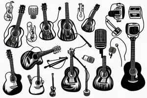 an acoustic guitar with a microphone and its wire wrapped around it tattoo idea