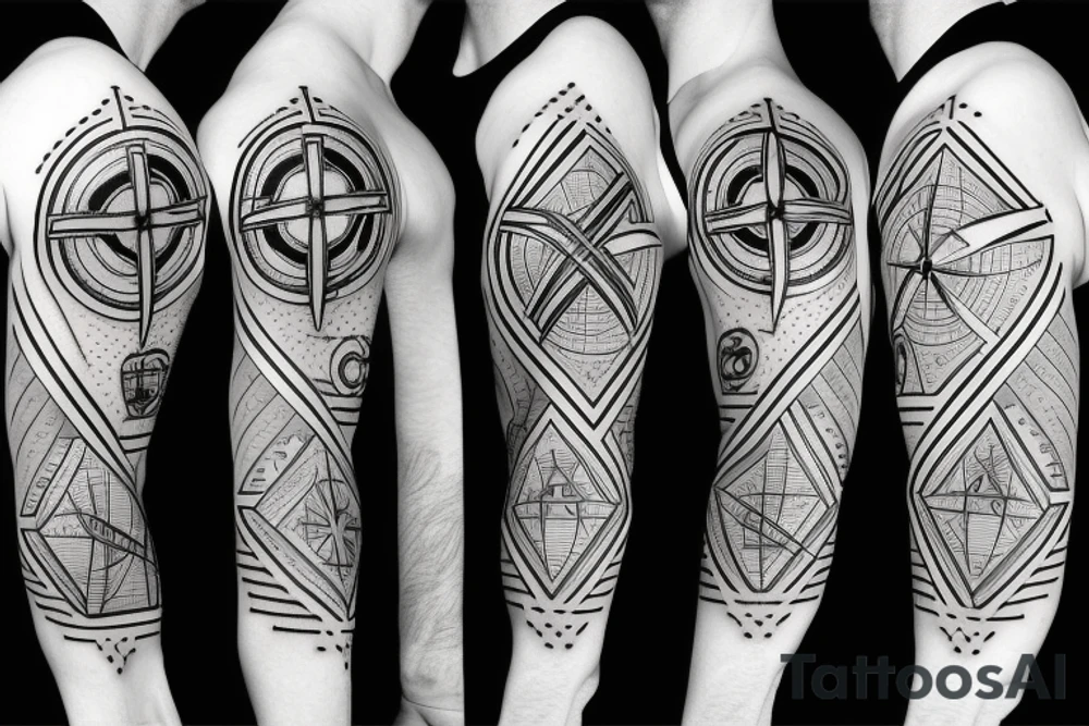 stopwatch, full sleeve, geometric background, cross, and compass tattoo idea