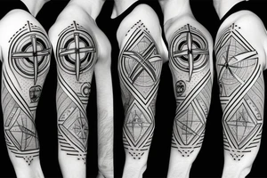 stopwatch, full sleeve, geometric background, cross, and compass tattoo idea