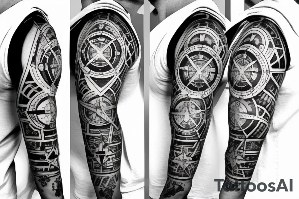 stopwatch, full sleeve, geometric background, cross, and compass tattoo idea