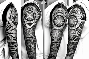 stopwatch, full sleeve, geometric background, cross, and compass tattoo idea