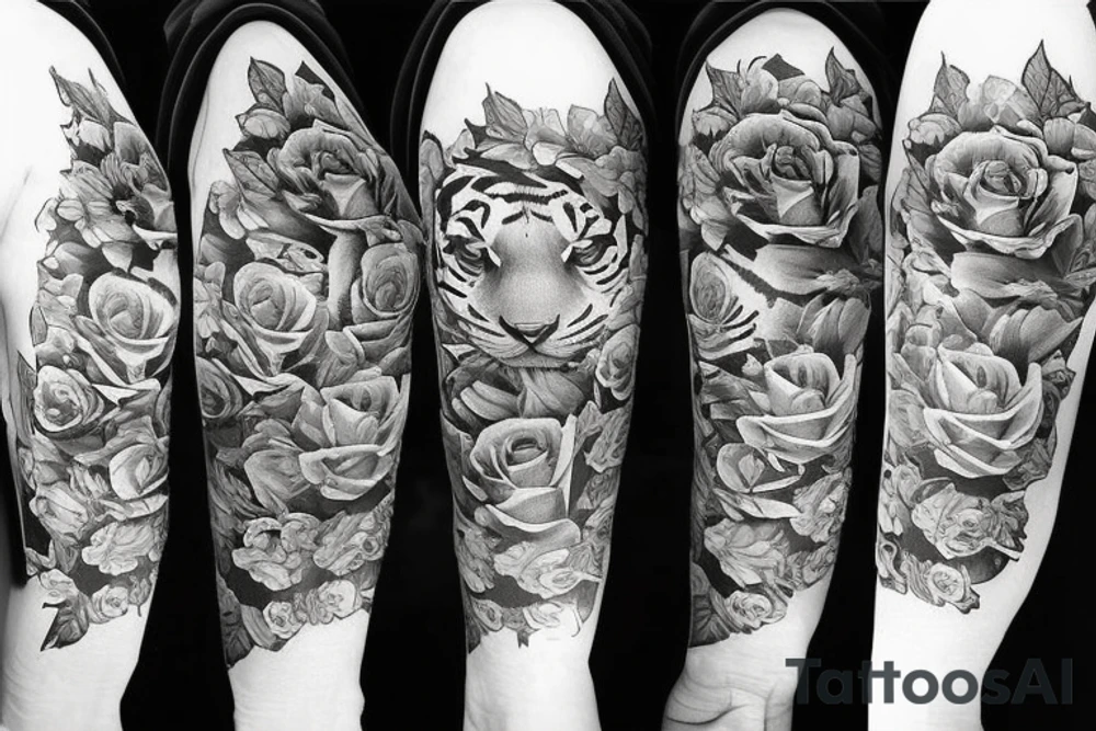 full sleeve tiger and roses tattoo idea