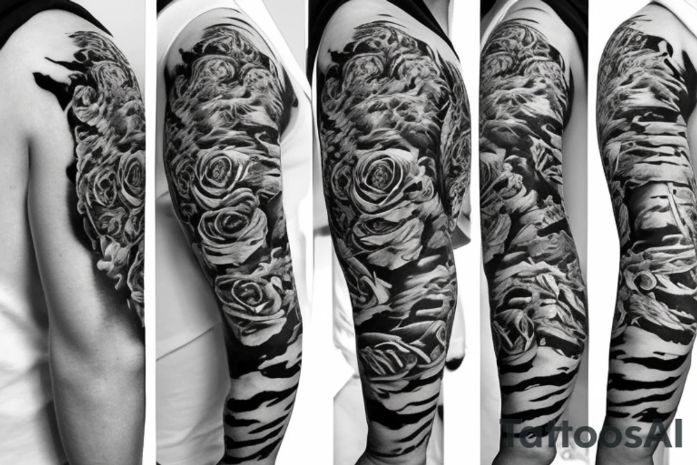 full sleeve tiger and roses tattoo idea