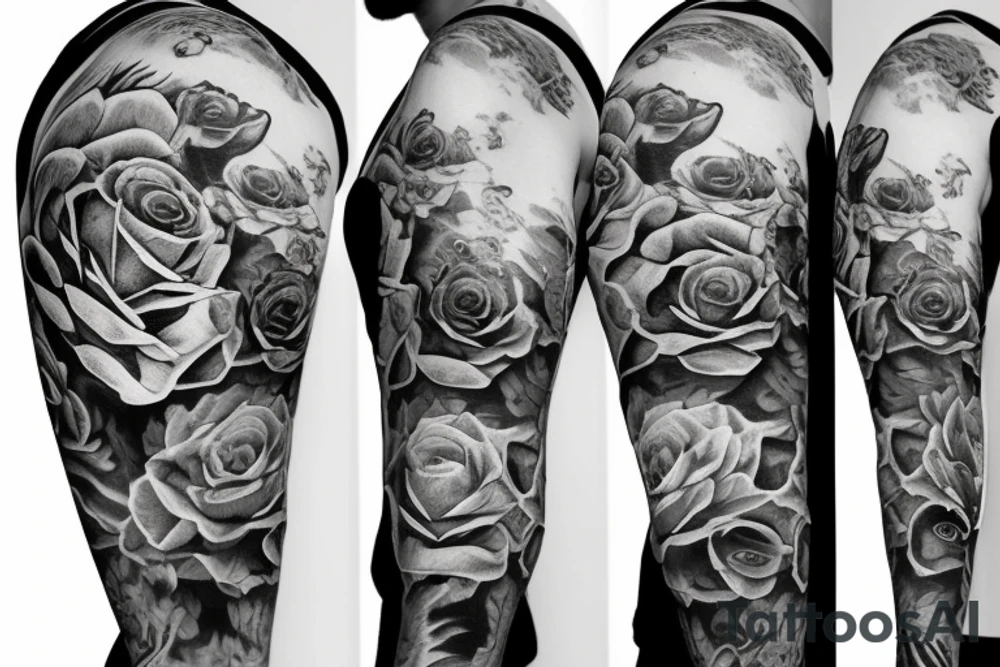 full sleeve tiger, roses, mountains tattoo idea
