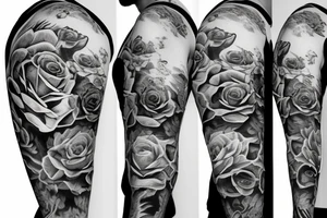 full sleeve tiger, roses, mountains tattoo idea