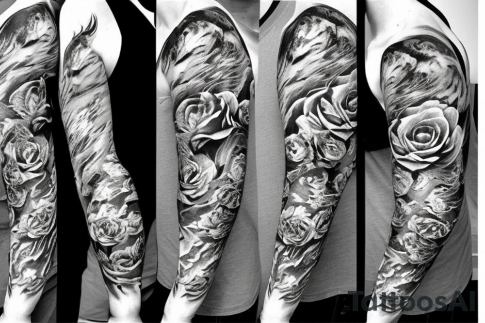 full sleeve tiger, roses, mountains tattoo idea