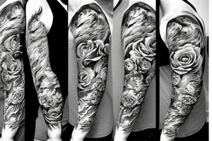 full sleeve tiger, roses, mountains tattoo idea