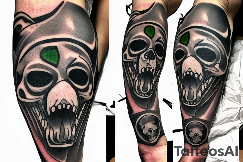 Anonymous mask, American Bully dog, Green eye, skull tattoo idea