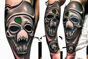 Anonymous mask, American Bully dog, Green eye, skull tattoo idea