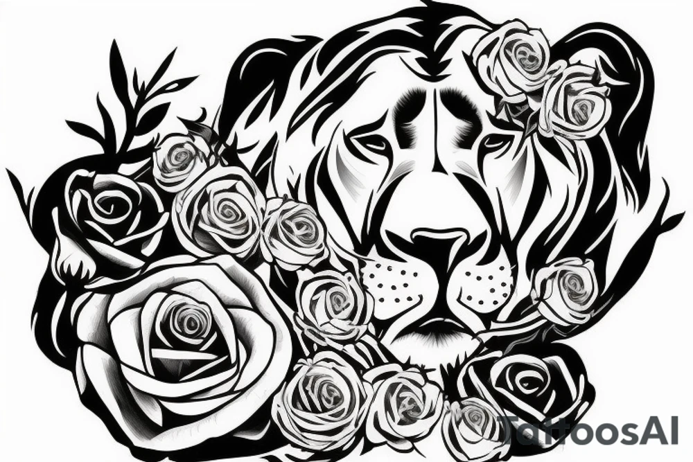 Queen lioness with love and roses tattoo idea