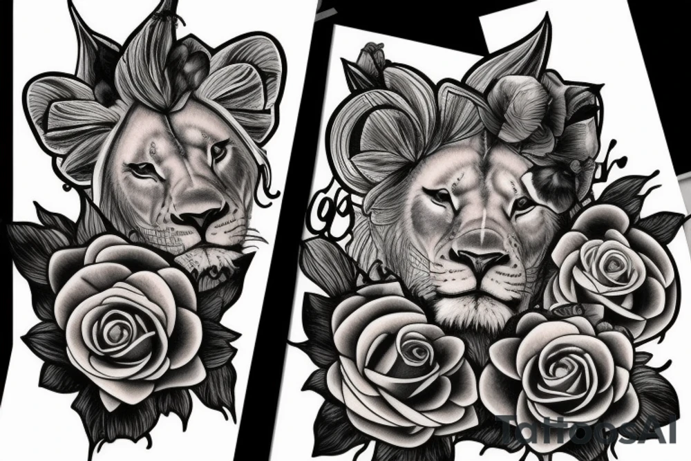 Queen lioness with love and roses tattoo idea