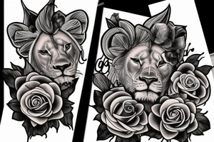 Queen lioness with love and roses tattoo idea