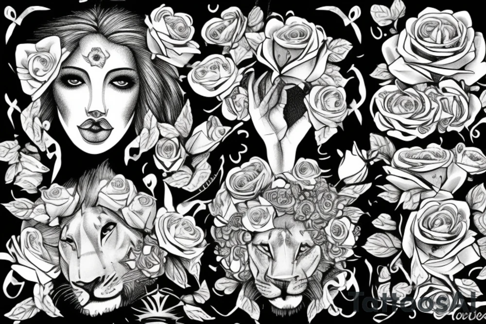 Queen lioness with love and roses tattoo idea