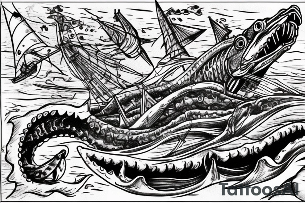 Leviathan with large mouth, attacking a ship in the ocean tattoo idea