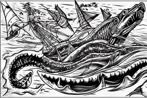 Leviathan with large mouth, attacking a ship in the ocean tattoo idea