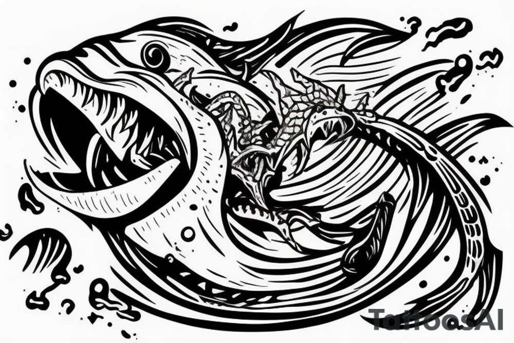 Leviathan with large mouth, attacking a ship in the ocean tattoo idea