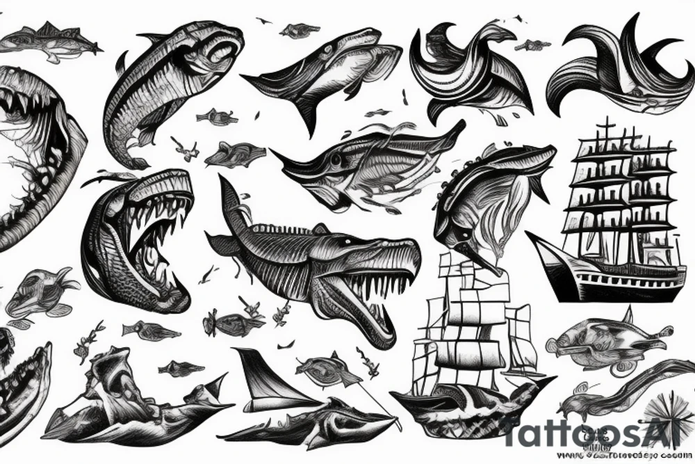 Leviathan with large mouth, attacking a ship in the ocean tattoo idea