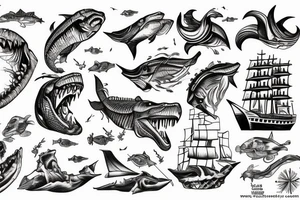 Leviathan with large mouth, attacking a ship in the ocean tattoo idea