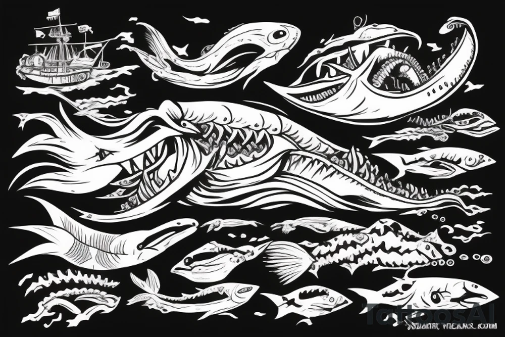 Leviathan with large mouth, attacking a ship in the ocean tattoo idea