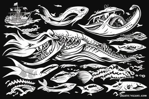 Leviathan with large mouth, attacking a ship in the ocean tattoo idea