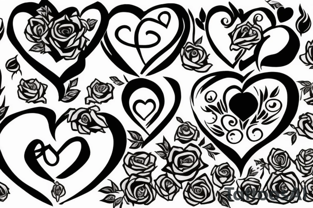 Queen of love surrounded by hearts, sex and roses tattoo idea