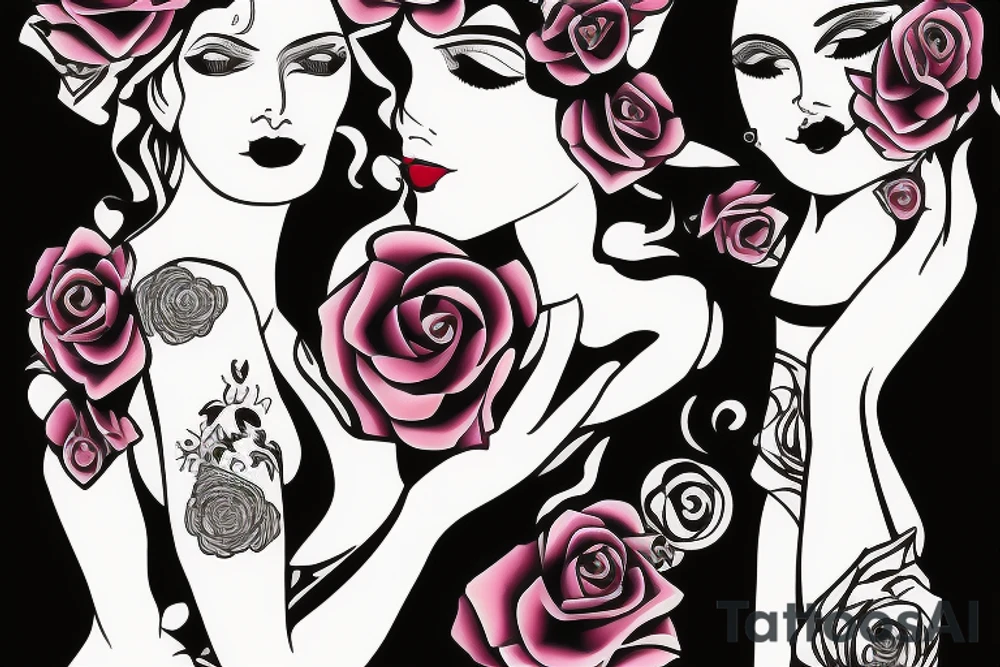 Queen of love surrounded by hearts, sex and roses tattoo idea