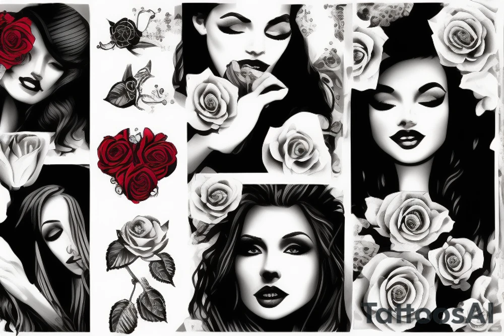 Queen of love surrounded by hearts, sex and roses tattoo idea