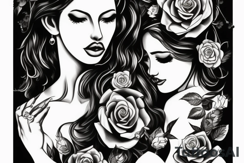 Queen of love surrounded by hearts, sex and roses tattoo idea