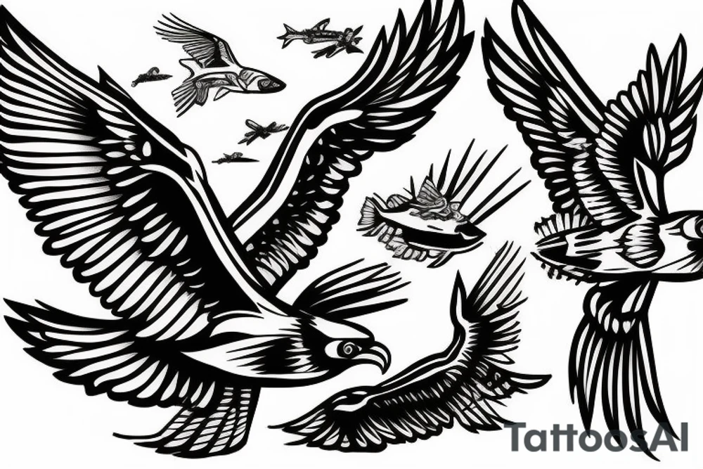 airplane as an osprey grabbing a trout tattoo idea