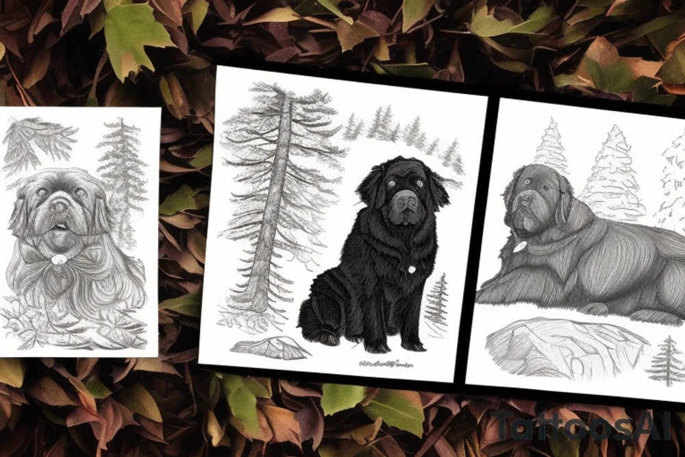 Brown Newfoundland dog, surrounded in nature with landscape and trees from Pennsylvania tattoo idea