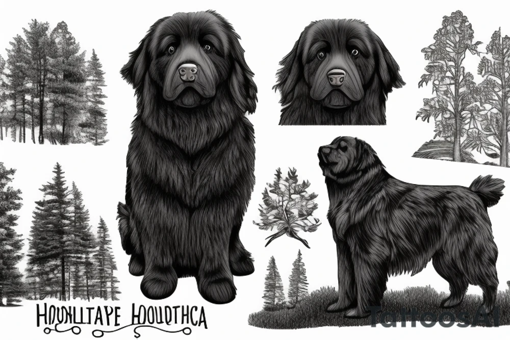 Brown Newfoundland dog, surrounded in nature with landscape and trees from Pennsylvania tattoo idea