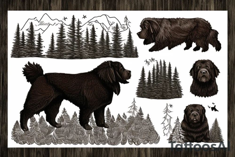 Brown Newfoundland dog, surrounded in nature with landscape and trees from Pennsylvania tattoo idea