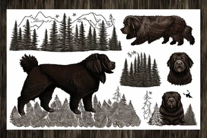 Brown Newfoundland dog, surrounded in nature with landscape and trees from Pennsylvania tattoo idea