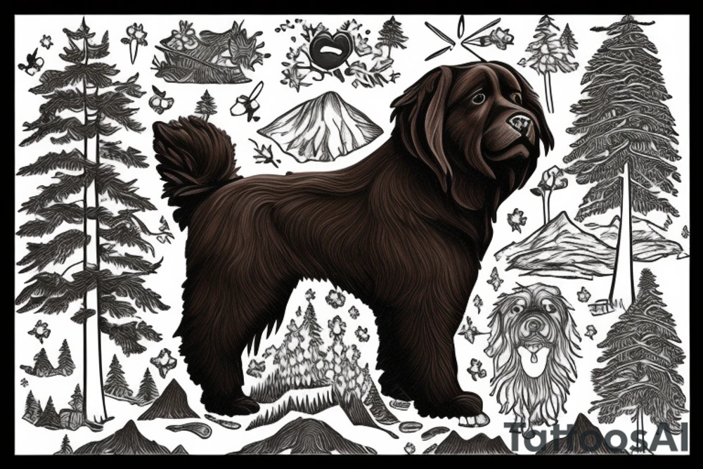 Brown Newfoundland dog, surrounded in nature with landscape and trees from Pennsylvania tattoo idea