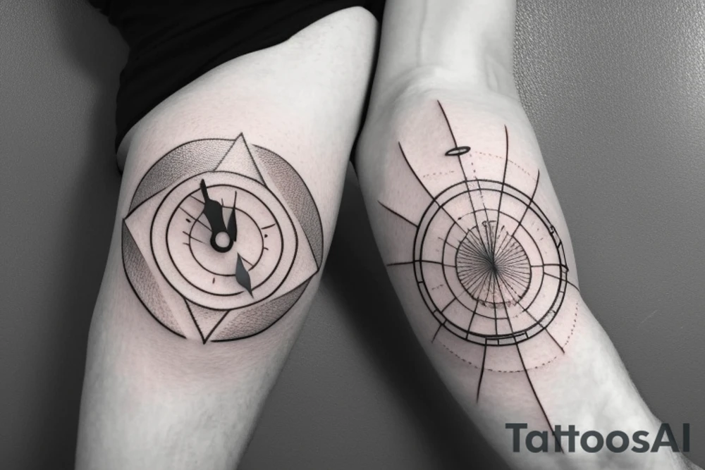 In an infinity sign, in the lower circle a compas, in the upper a clock. The infinity sign lignes are thicker some place than other. A few stars each side of the tatoo tattoo idea