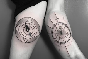 In an infinity sign, in the lower circle a compas, in the upper a clock. The infinity sign lignes are thicker some place than other. A few stars each side of the tatoo tattoo idea