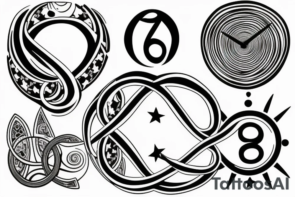 In an infinity sign, in the lower circle a compas, in the upper a clock. The infinity sign lignes are thicker some place than other. A few stars each side of the tatoo tattoo idea