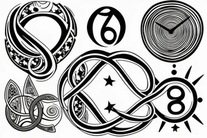 In an infinity sign, in the lower circle a compas, in the upper a clock. The infinity sign lignes are thicker some place than other. A few stars each side of the tatoo tattoo idea