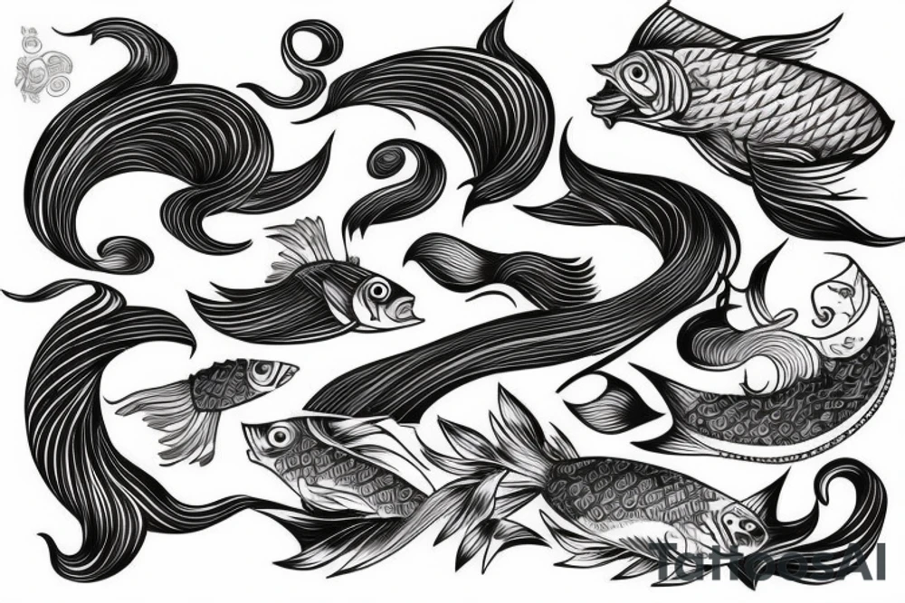 full back piece with waves and fish tattoo idea