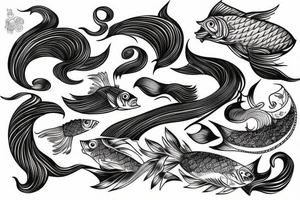 full back piece with waves and fish tattoo idea