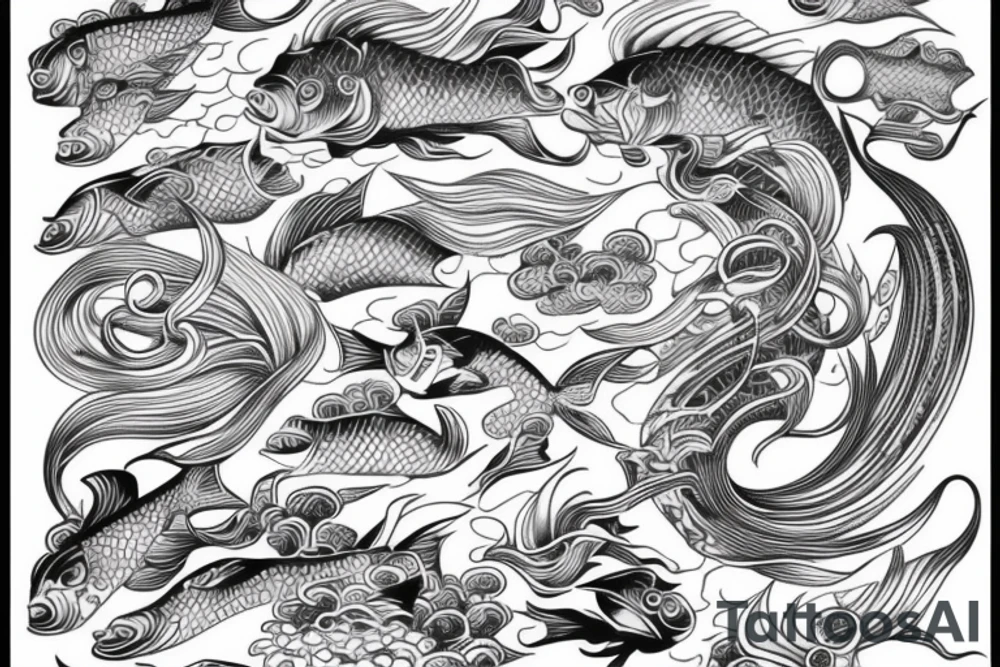 full back piece with waves and fish tattoo idea