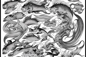 full back piece with waves and fish tattoo idea