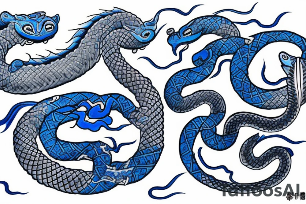 traditional japanese tattoo depicting a blue oni rising out of the water, surrounded by the body of a serpent tattoo idea