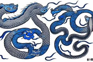 traditional japanese tattoo depicting a blue oni rising out of the water, surrounded by the body of a serpent tattoo idea