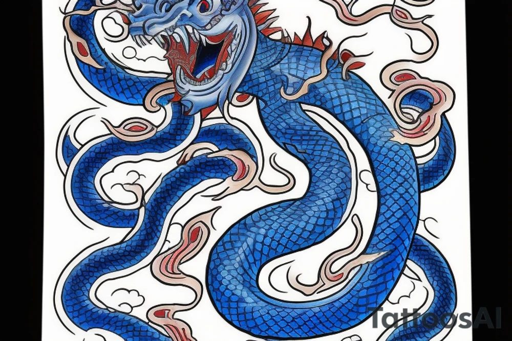 traditional japanese tattoo depicting a blue oni rising out of the water, surrounded by the body of a serpent tattoo idea