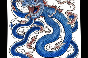 traditional japanese tattoo depicting a blue oni rising out of the water, surrounded by the body of a serpent tattoo idea